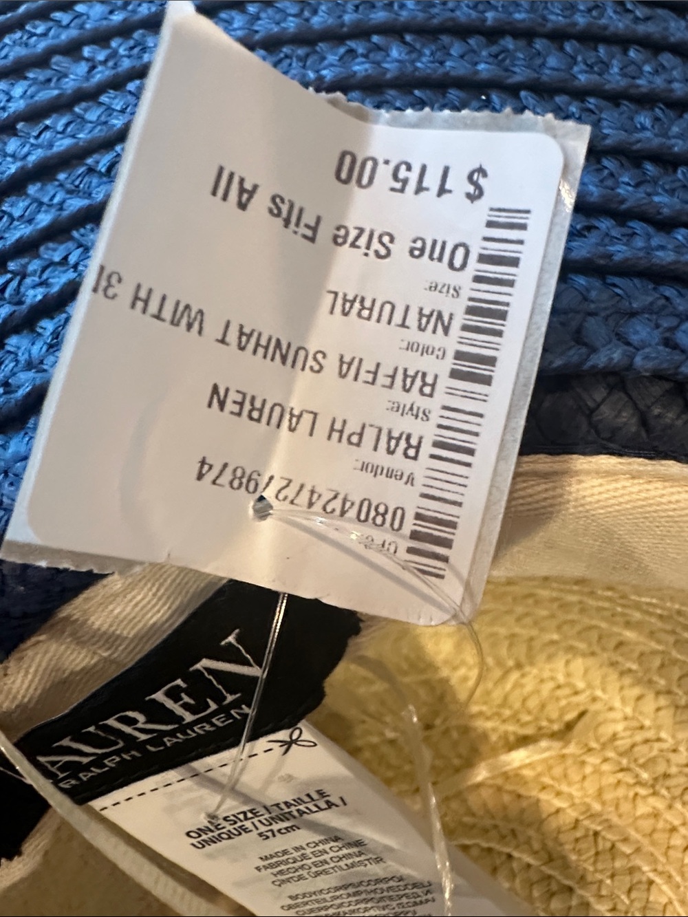Lauren Ralph Lauren Two-Tone Straw Sun Hat in Navy & Natural with RL Monogram - Picture 5 of 7